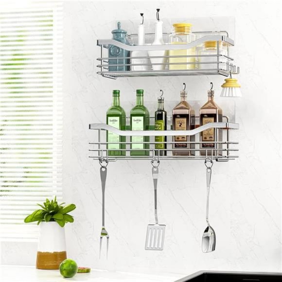 Shower Caddy Basket Shelf with 5 Hooks Adhesive Organizer Storage Rack Rustproof - Picture 3 of 7